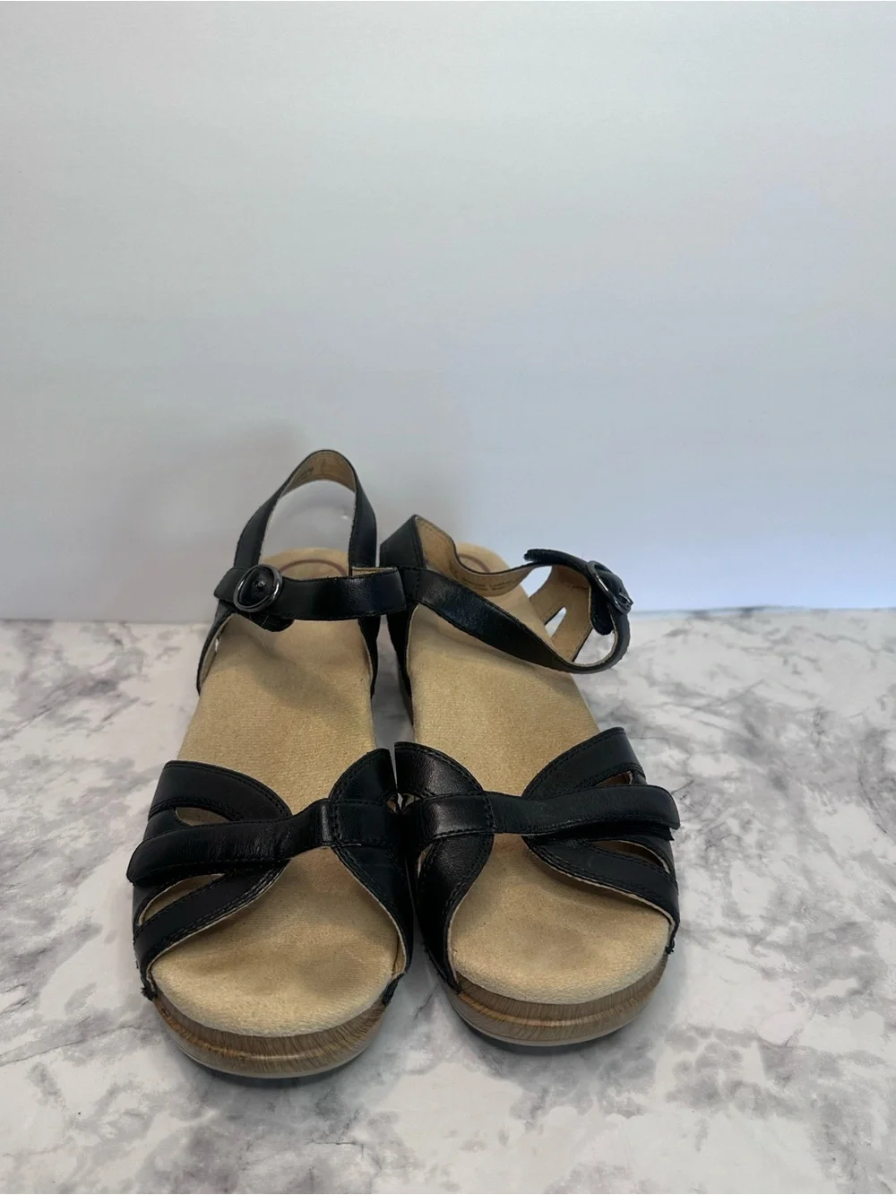 Dansko Candace Ankle Strappy Wedge Black Sandals size 38(7.5-8)